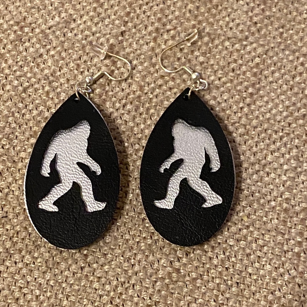 Black and Silver Bigfoot Faux Leather Teardrop Earrings